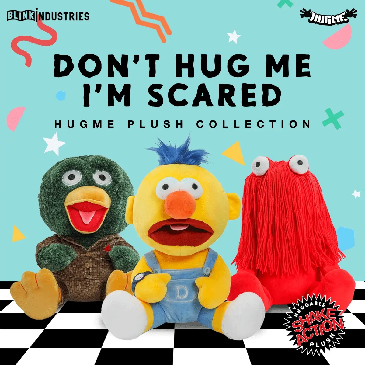 Don't Hug Me I'm Scared HugMe Plush with Shake Action Bundle 3-Pack (Green Duck, Red Guy & Yellow Guy)